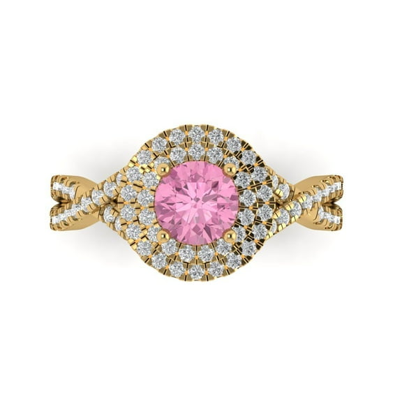 1.3125 ct Round Cut Simulated Pink Diamond with Simulated Diamond Halo Accents 18K Yellow Gold Womens Engagement Ring