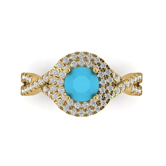 1.3125 ctw with Simulated Diamond Halo Accents Anniversary Ring for Women | Round Cut Simulated Turquoise | Hyperallergenic Solid 18K Yellow Gold