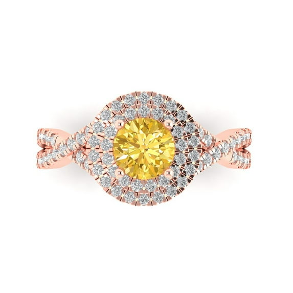 1.3125 ct Round Cut Simulated Yellow Diamond Solitaire with Simulated Diamond Accents 18K Rose Gold Womens Engagement Ring