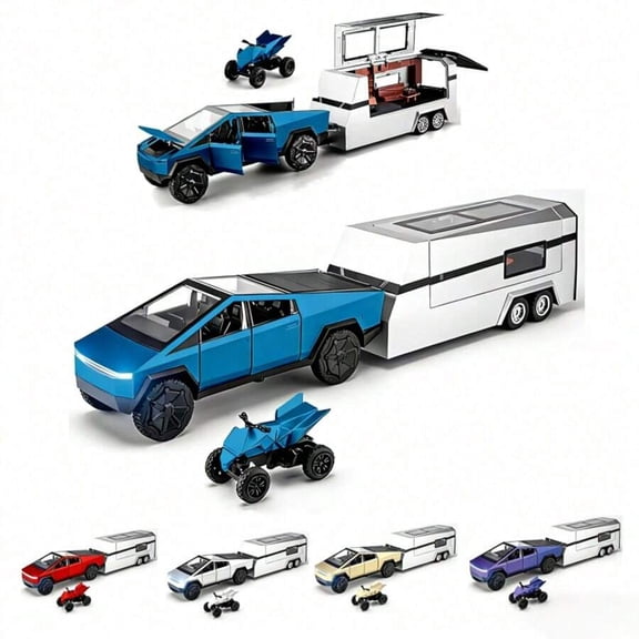 1:32 Blue Cyber Truck-Style Die-Cast Model Set With Camper Trailer And ATV, 3-Piece Rebound Display Collectible