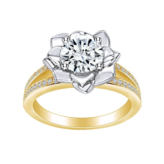 AFFY 1.32 Carat Round Shape Moissanite & Natural Diamond Two-Tone Flower Engagement Ring 14K Solid Yellow Gold Ring Size-9