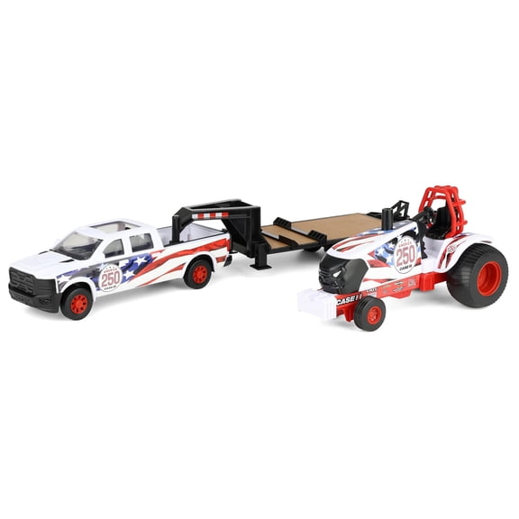 1/32 Case IH Stars & Stripes Pulling Tractor with Pickup Truck & Gooseneck Trailer by ERTL, USA 250, ZFN44519