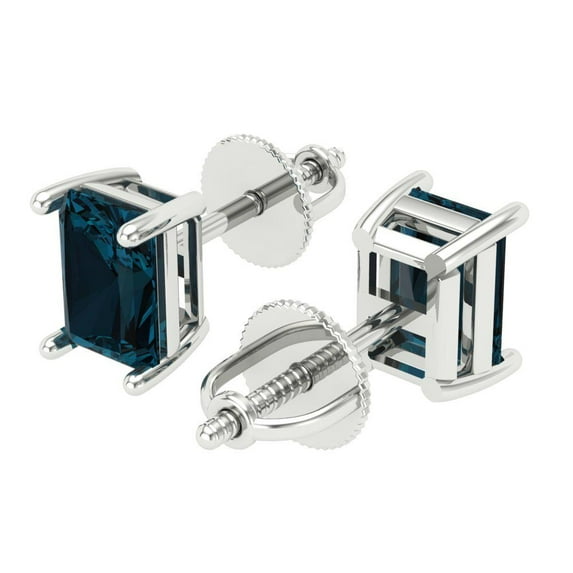 1.32 Ct Emerald Cut Studs Natural London Blue Topaz 14K White Solid Solid Gold Everyday Dainty Earrings Screw Back