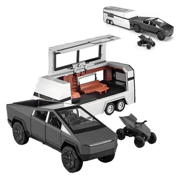 1:32 Cybertruck Diecast Toy Truck with RV Trailer & Motorcycle Pull Back Sound Light Metal Pickup Model Car Race Gift for Kids Boys 6+ Birthday Futuristic Off-Road Vehicle