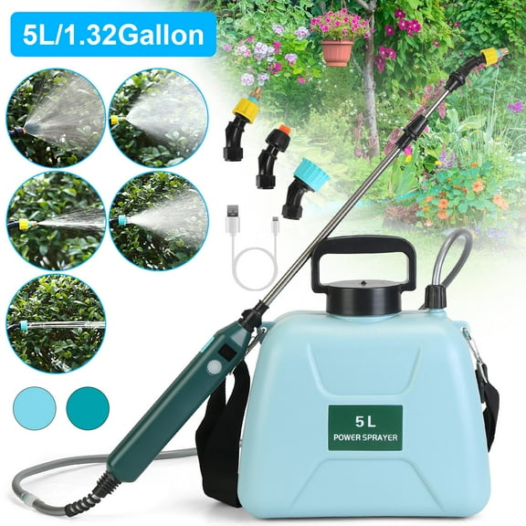 1.32 Gallon Electric Garden Sprayer TeqHome Battery Operated Water Sprayer with 3 Mist Nozzles Rechargeable Handle Adjustable Shoulder Strap for Lawn Garden Cleaning Yard Blue