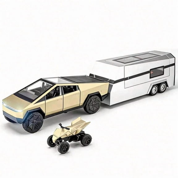 1:32 Gold Cyber Truck-Style Die-Cast Model Set With Camper Trailer And ATV, 3-Piece Rebound Display Collectible