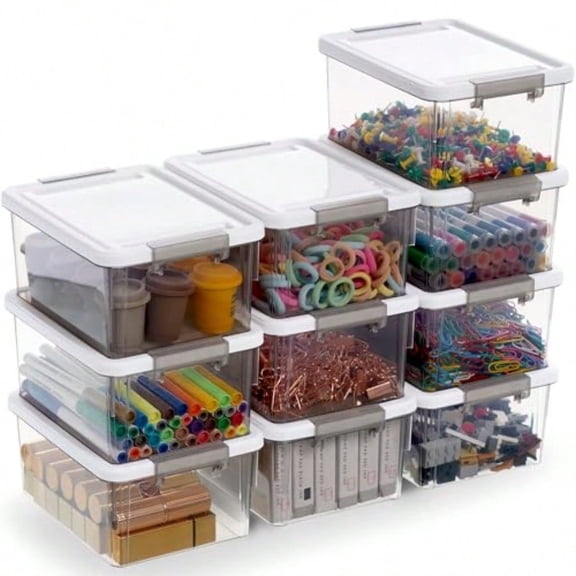 1.32 QT 10 Pack Small Storage Bins Plastic Storage Container Stackable Box with Lids for Organizing Clear Grey.