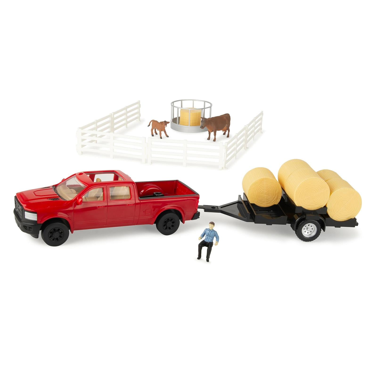 1:32 Red Plastic Pickup Truck Haying Farm Set with Trailer and Figures