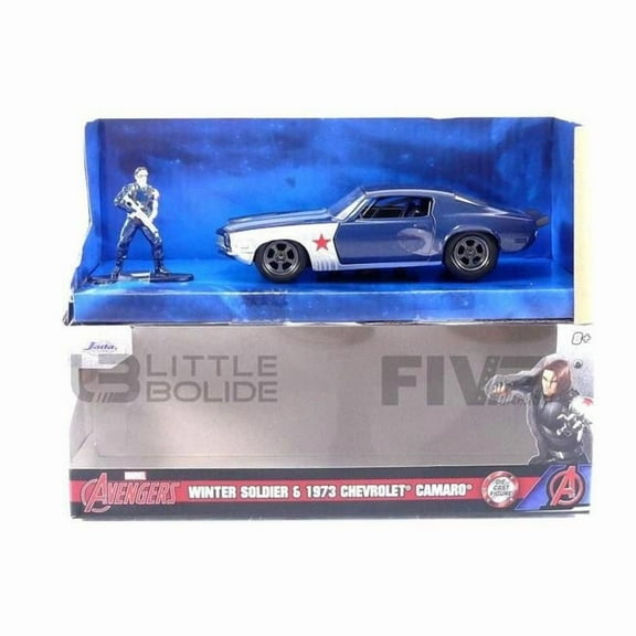 1 to 32 Scale 1973 Chevrolet Camaro Dark Blue Metallic with Gray Stripes & Winter Soldier Diecast Figure Marvel Avengers Hollywood Rides Series Diecast Model Car