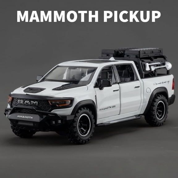 1:32 Scale Dodge RAM 1000 TRX Mammoth Pickup Diecast Car Model, Alloy Vehicle with Sound & Light, Pull Back Design for Collection, Decor & Holiday Gifts
