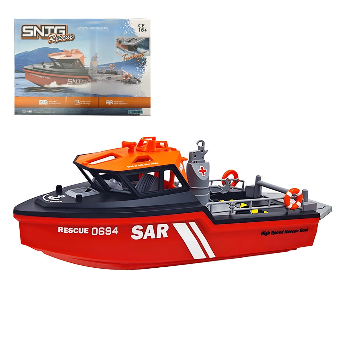 1/32 Scale Electric RC Rescue Boat, 2.4G 8KM/H High Speed Remote Control Boat with Self-Righting Technology & Fully Sealed Waterproof Design for Pools, Lakes & Rivers - RTR