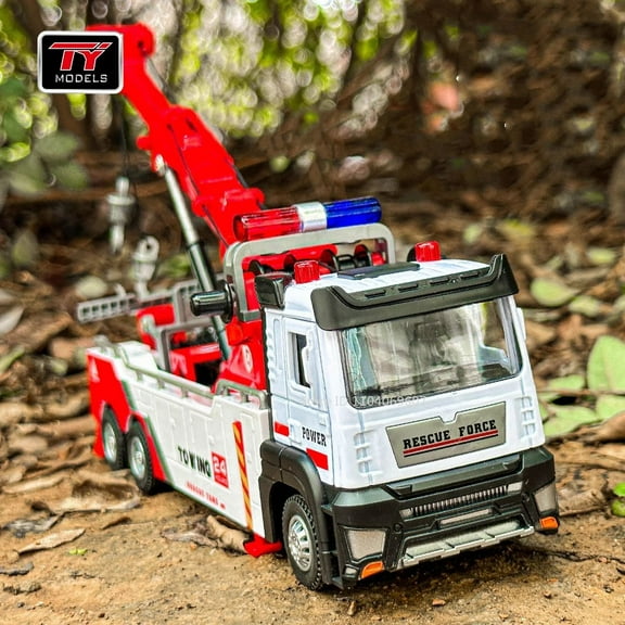 1:32 Scale Metal Diecast Double Hook Obstacle Clearing Truck Model, Openable Doors Pull Back Engineering Service Vehicle with Realistic Sound & LED Light Effects, Detailed Desktop Display Collectible
