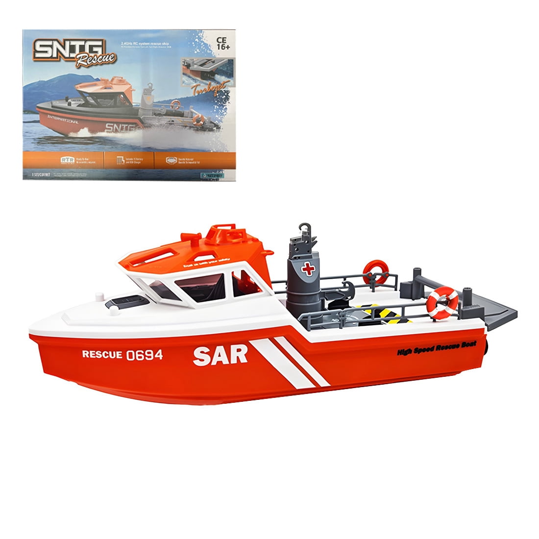 1/32 Scale RC Rescue Boat Model, High-Speed Water Rescue Vessel with Water Cooling & Capsize Reset, 2.4G Mini RC Boat for Adults, Orange White
