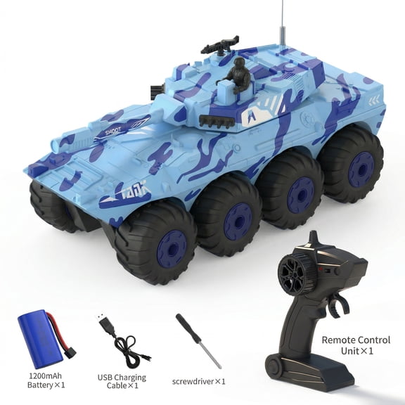 1/32 Scale 8-Wheel Drive Remote Control Amphibious Tank, Waterproof All-Terrain Stunt Car, Blue Camouflage Toy for Ages 6+