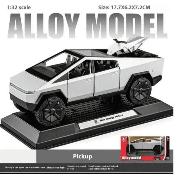 1/32 Tesla Cyber Truck Pickup Model Kit with Beach Motorcycle Sound and Light, Diecast Alloy Metal Mini Vehicle Model, Birthday Gifts for Boy Girl ages 6 and up
