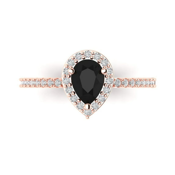 0.755 ctw with Simulated Diamond Halo Accents Anniversary Ring for Women | Pear Cut Natural Onyx | Hyperallergenic Solid 18K Rose Gold