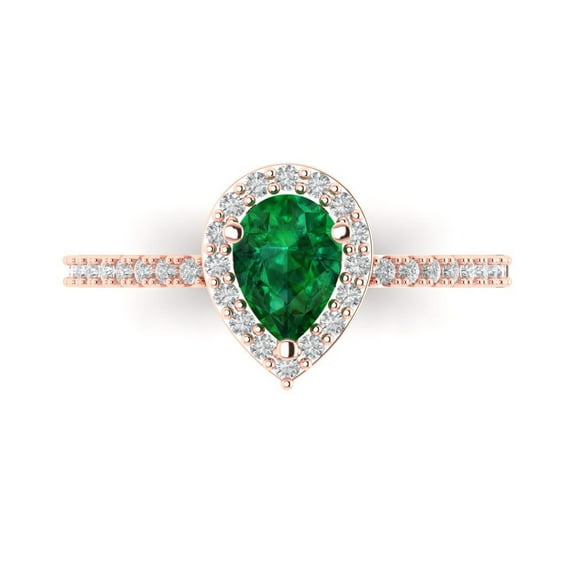 0.755 ct Pear Cut Simulated Emerald with Simulated Diamond Halo Accents 18K Rose Gold Womens Engagement Ring