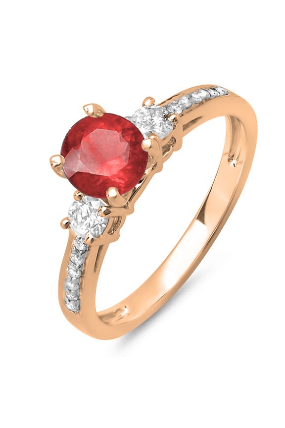 1.33 Carat (ctw) 10K Rose Gold Round White Diamond & Red Ruby Ladies Bridal 3 Stone Engagement Ring