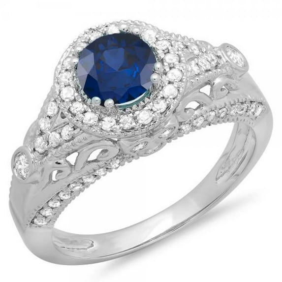 1.33 Carat (ctw) 18K White Gold Round Blue Sapphire & White Diamond Ladies Split Shank Vintage Bridal Halo Style Engagem