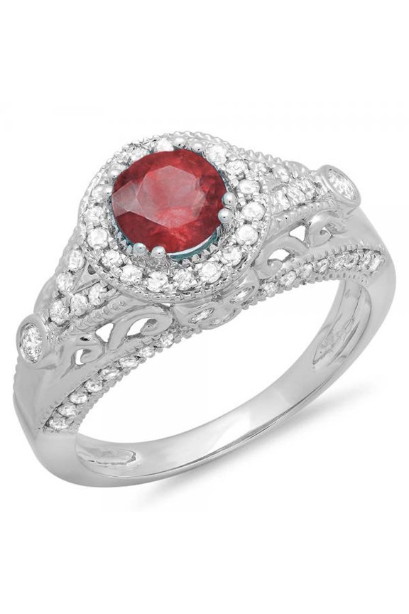 1.33 Carat (ctw) 18K White Gold Round Red Ruby & White Diamond Ladies Split Shank Vintage Bridal Halo Style Engagement R