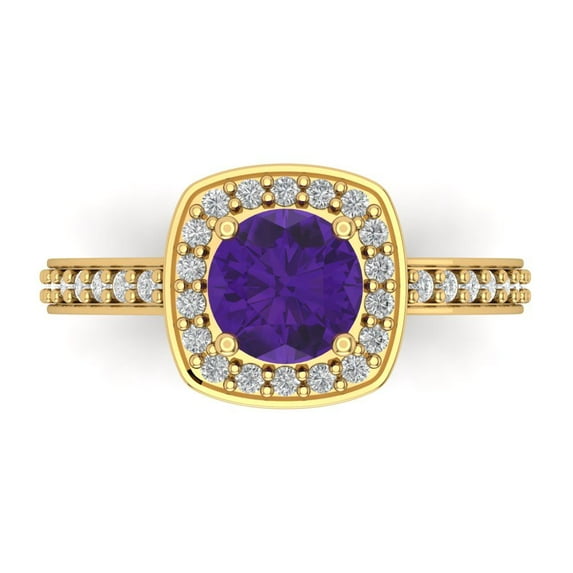 1.335 ctw with Simulated Diamond Halo Accents Anniversary Ring for Women | Round Cut Natural Amethyst | Hyperallergenic Solid 18K Yellow Gold