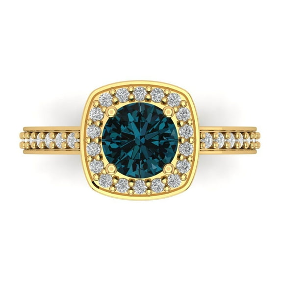 1.335 ct Round Cut Natural London Blue Topaz with Simulated Diamond Halo Accents 18K Yellow Gold Womens Engagement Ring