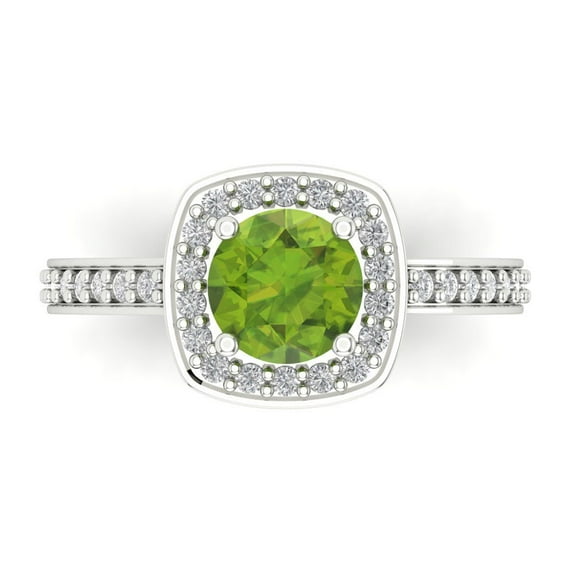 1.335 ct Round Cut Natural Peridot Solitaire with Simulated Diamond Accents 18K White Gold Womens Engagement Ring