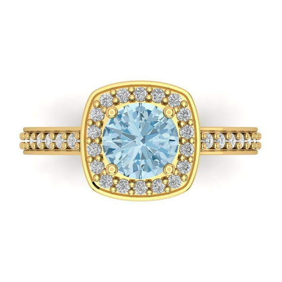 1.335 ct Round Cut Natural Swiss Blue Topaz with Simulated Diamond Halo Accents 14K Yellow Gold Womens Engagement Ring