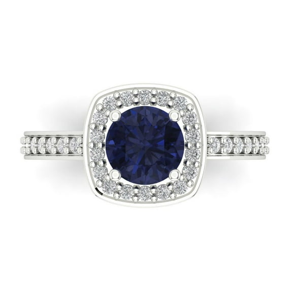 1.335 ct Round Cut Simulated Blue Sapphire Solitaire with Simulated Diamond Accents 14K White Gold Womens Engagement Ring