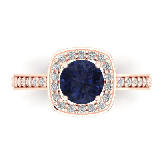 1.335 ct Round Cut Simulated Blue Sapphire Solitaire with Simulated Diamond Accents 18K Rose Gold Womens Engagement Ring