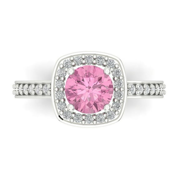 Clara Pucci 14K White Gold Solid Gold Pink Solitaire with Accents Anniversary Ring for Women - 1.335 cttw Round Cut