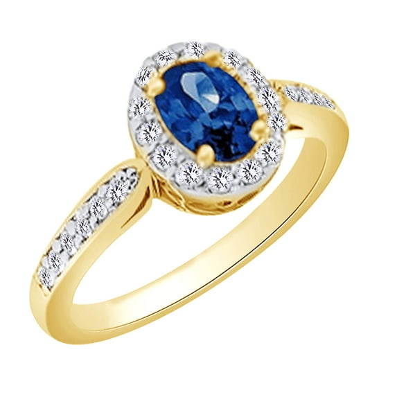 AFFY (1.33ct) Simulated Blue Sapphire & White Natural Diamond Halo Engagement Ring In 14k Solid Gold With Ring Size 14