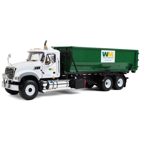 Mack Granite Garbage Truck "Waste Management" White and Green with Tub-Style Roll-Off Container 1/34 Diecast Model by First Gear
