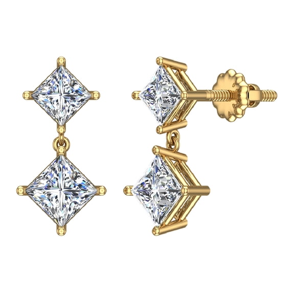 1.34 ct tw Princess Cut Drop Two stone Diamond Dangle Earrings 14K Gold