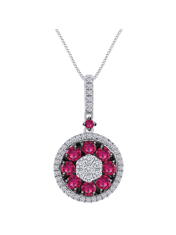 1.35 Carat (Cttw) Round Simulated Ruby & White Natural Diamond Halo Pendant Necklace 14k Solid White Gold