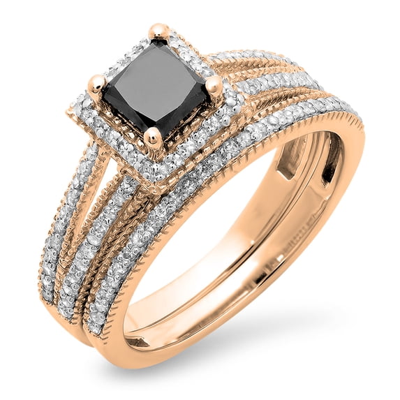 1.35 Carat (ctw) 10K Rose Gold Princess Cut Black & Round White Diamond Ladies Split Shank Halo Style Bridal Engagement