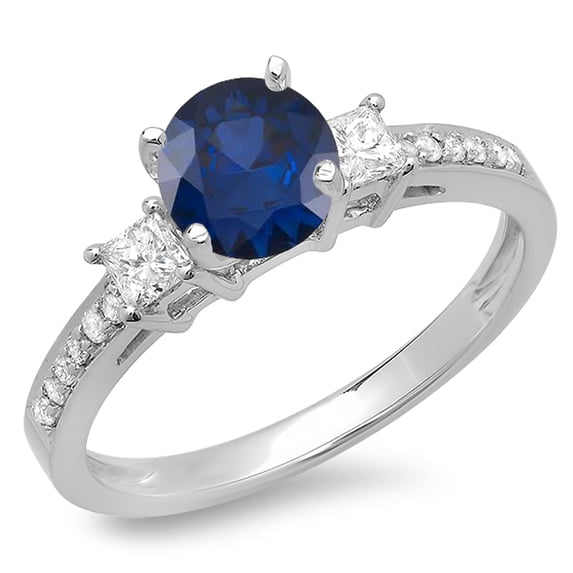 1.35 Carat (ctw) 10K White Gold Princess & Round Blue Sapphire & White Diamond Ladies Bridal 3 Stone Engagement Ring