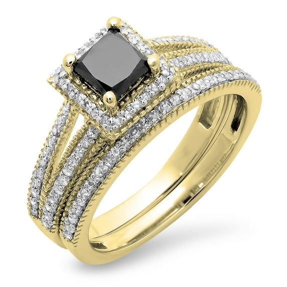 1.35 Carat (ctw) 10K Yellow Gold Princess Cut Black & Round White Diamond Ladies Split Shank Halo Style Bridal Engagemen