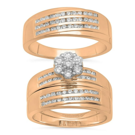 1.35 Carat (ctw) 14K Rose Gold Round White Diamond Men & Women's Cluster Engagement Ring Trio Bridal Set