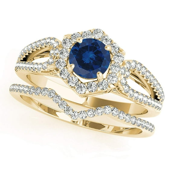1.35 Ct Halo Sapphire & Diamond Engagement Rings - Bridal Set - 14K Gold