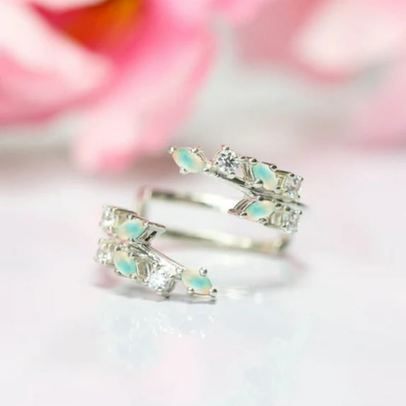 1.35 Ct Marquise & Round Cut Opal Diamond Ring Wrap Enhancer- Unique Leaf Floral Wedding Ring