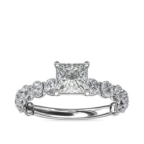 1.35 Ct Princess Cut Natural Diamond Radiant Solitaire with Accents Engagement Ring for her in Solid 14K White Gold Size 7