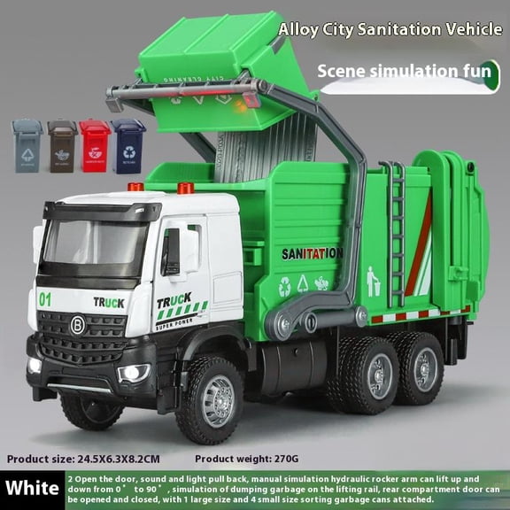 1:35 Scale Alloy Diecast Urban Sanitation Garbage Truck Model, Realistic Municipal Refuse Collection Vehicle with Functional Sound & LED Light Effects, Detailed Desktop Display Decor & Hobby Collecti