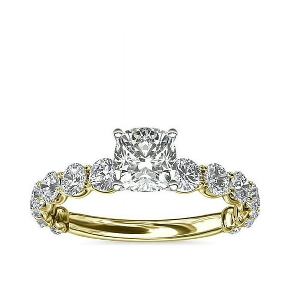 1.35 T.C.W Cushion Shaped Genuine Diamond Stunning Solitaire with Accents Wedding Ring for Women Solid 14K Yellow Gold Size 3.5