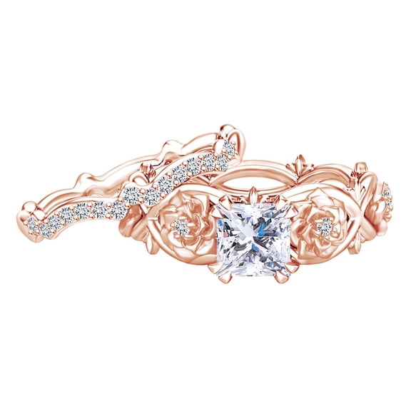 AFFY 1.36 Carat Princess Shape Moissanite & Natural Diamond Flower Engagement Ring 14K Solid Rose Gold Ring Size-5