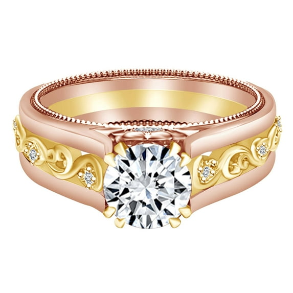 AFFY 1.36 Carat Round Shape Moissanite & Natural Diamond Engagement Ring 14K Solid Rose Gold Ring Size-6