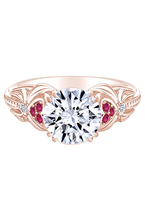 1.36 Carat Round Shape Moissanite & Simulated Ruby Heart Shaped Engagement Ring 14K Solid Rose Gold Ring Size-5