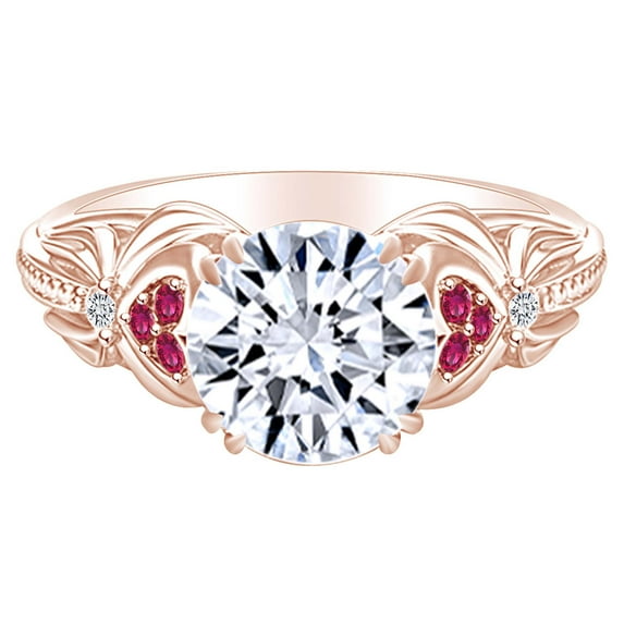 AFFY 1.36 Carat Round Shape Moissanite & Simulated Ruby Heart Shaped Engagement Ring 14K Solid Rose Gold Ring Size-7.5