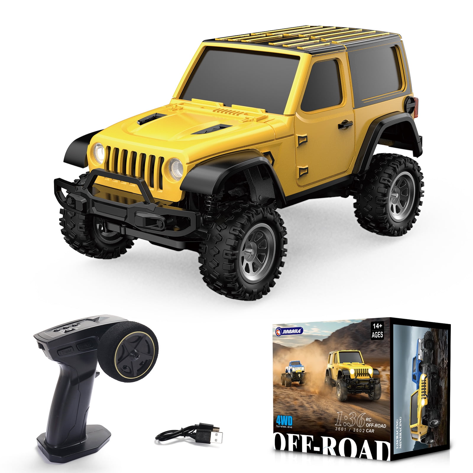 1/36 Scale Mini RC Crawler Car, 4WD Remote Control Climbing Car, 2.4G Off-Road Vehicle with LED Lights, Micro RC Truck 4×4 Small Cars for Adult, Yellow