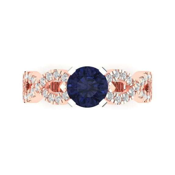 1.42 ct Round Cut Simulated Blue Sapphire Solitaire with Simulated Diamond Accents 14K Rose/White Gold Womens Engagement Ring